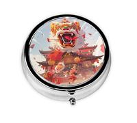 WZYWHJ Boîte à médicaments circulaire imprimée Lion Dance - Portable - Avec compartiments - Mini distributeur de pilules