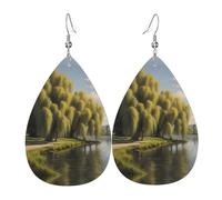 WZYWHJ Boucles d'oreilles en cuir avec motif Willow trees by the lake pour femme, pendentif goutte d'eau, cadeau de vacances tendance