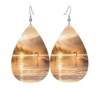 WZYWHJ Boucles d'oreilles en cuir imprimé cygne dans le lac pour femme, pendentif goutte d'eau simple, cadeau de vacances tendance