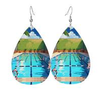 WZYWHJ Boucles d'oreilles flamant rose et piscine en cuir pour femme, pendentif goutte d'eau simple, cadeau de vacances tendance