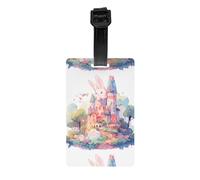 WZYWHJ Bunny on The Castle Étiquette de bagage imprimée avec dragonne amovible - Crochet de voyage pour une identification facile - Format carte de visite léger et personnalisable