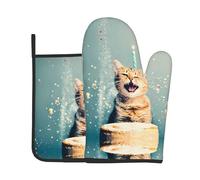 WZYWHJ Cake Battle Ensemble de gants de cuisine et maniques imprimés chat pour cuisine, micro-ondes, grillades - avec cordon