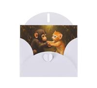 WZYWHJ Carte de vœux blanche de 15,2 x 10,2 cm avec enveloppe pour Noël, anniversaire, Saint-Valentin, fête Invitation Singe et chaton tenant la main