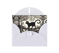 WZYWHJ Carte de vœux blanche pour Noël, anniversaire, anniversaire de mariage et plus encore Motif chat noir dans une forêt étrange