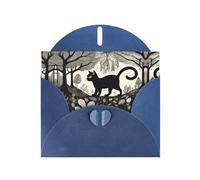 WZYWHJ Carte de vœux bleue pour Noël, anniversaire, anniversaire de mariage et plus encore Motif chat noir dans une forêt étrange