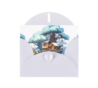 WZYWHJ Carte de vœux de Noël blanche 15,2 x 10,2 cm avec enveloppe pour Noël, anniversaire, Saint-Valentin, fête, invitation Motif maison de neige à côté du sapin