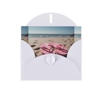 WZYWHJ Carte de vœux de vacances blanche 15,2 x 10,2 cm avec enveloppe pour Noël, anniversaire, Saint-Valentin, fête Invitation Tongs roses sur la plage Imprimé