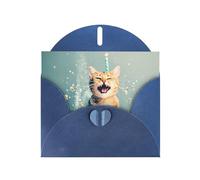 WZYWHJ Carte de vœux de vacances bleue 15,2 x 10,2 cm avec enveloppe pour Noël, anniversaire, Saint-Valentin, fête, invitation, gâteau, bataille, chat imprimé