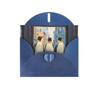 WZYWHJ Carte de vœux de vacances bleue 15,2 x 10,2 cm avec enveloppe pour Noël, anniversaire, Saint-Valentin, fête, invitation pingouins dans la porte et la fenêtre imprimée
