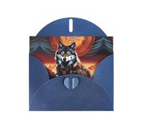 WZYWHJ Carte de vœux de vacances bleue 15,2 x 10,2 cm avec enveloppe pour Noël, anniversaire, Saint-Valentin, fête d'invitation Totem loup avec impression feu