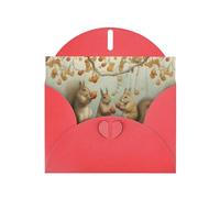 WZYWHJ Carte de vœux de vacances rouge 15,2 x 10,2 cm avec enveloppe pour Noël, anniversaire, Saint-Valentin, fête Invitation Trois petits écureuils cueillant des poires