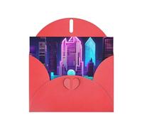 WZYWHJ Carte de vœux de vacances rouge 15,2 x 10,2 cm avec enveloppe pour Noël, anniversaire, Saint-Valentin, fête, invitation à une fête, impression de ville de science-fiction