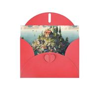 WZYWHJ Carte de vœux de vacances rouge 15,2 x 10,2 cm avec enveloppe pour Noël, anniversaire, Saint-Valentin, fête, invitation imprimée petite ville sur l'île