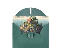 WZYWHJ Carte de vœux de vacances vert foncé 15,2 x 10,2 cm avec enveloppe pour Noël, anniversaire, Saint-Valentin, fête, invitation imprimée petite ville sur l'île
