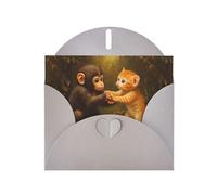 WZYWHJ Carte de vœux grise de 15,2 x 10,2 cm avec enveloppe pour Noël, anniversaire, Saint-Valentin, fête Invitation Singe et chaton tenant la main imprimée