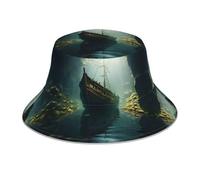 WZYWHJ Chapeau de pêcheur imprimé « Shipwreck at The Bottom of The Lake » - Réfléchissant - Double face - En plein air - Voyage - Été - Plage - Chapeau de soleil noir