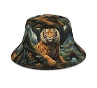 WZYWHJ Chapeau de pêcheur imprimé tigre derrière l'arbre double face réfléchissant plein air voyage été plage chapeau de soleil noir