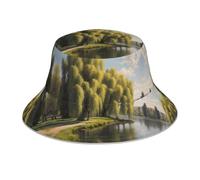 WZYWHJ Chapeau de pêcheur imprimé Willow Trees by The Lake - Double face réfléchissante - Pour les voyages en plein air - Pour l'été, la plage - Noir
