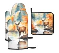 WZYWHJ Deer by the River Lot de 3 gants de cuisine longs et épais imprimés