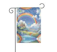 WZYWHJ Drapeau de jardin imprimé Village sous l'arc-en-ciel 30,5 x 45,7 cm pour un environnement extérieur tendance