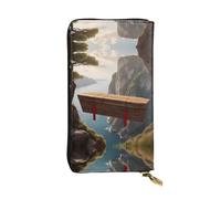 WZYWHJ Élégant cercueil en bois suspendu à la falaise Portefeuille en cuir imprimé - Longue pochette pour femme, matériau durable, 12 emplacements pour cartes, compartiments à fermeture éclair