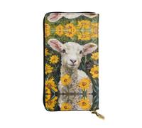 WZYWHJ Élégant portefeuille en cuir imprimé avec motif d'agneau dans les fleurs jaunes - Longue pochette pour femme, matériau durable, 12 emplacements pour cartes, compartiments à fermeture éclair