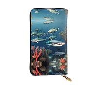 WZYWHJ Élégant portefeuille en cuir imprimé requins sous la mer - Longue pochette pour femme, matériau durable, 12 emplacements pour cartes, compartiments zippés, noir, taille unique, Noir , Taille