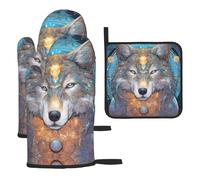 WZYWHJ Fierce Wolf Lot de 3 gants de cuisine longs et épais pour cuisine Motif loup