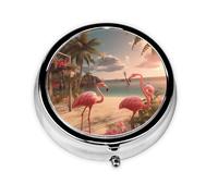 WZYWHJ Flamingo Beach Printing Boîte à médicaments circulaire de voyage, portable avec compartiments, mini distributeur de pilules
