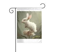 Wzywhj Image de petit lapin blanc sur des fleurs, drapeau de jardin d'été, décoration double face, 30,5 x 45,7 cm
