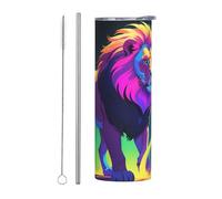 WZYWHJ Lot de 2 tasses en acier inoxydable de 591 ml pour café, bureau, voiture, sport et usage domestique avec paille - Imprimé lion de safari fluo