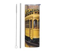 WZYWHJ Lot de 2 tasses en acier inoxydable de 591 ml - Tasse écologique de qualité avec couvercle hermétique et paille à effet isolant - Motif bus rose jaune