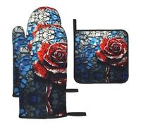 WZYWHJ Lot de 3 gants de cuisine épais et longs gants de cuisine épais Motif rose rouge cassé
