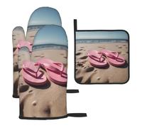 WZYWHJ Lot de 3 gants de cuisine longs et épais imprimés avec tongs roses sur la plage