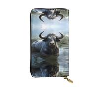 Wzywhj Mode Femmes Cuir Long Pochette Portefeuille Pochette Portefeuille Multi Compartiments Fermeture Éclair Motif Water Buffalo Prints, Noir , Taille unique