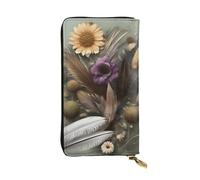 Wzywhj Mode Femmes Cuir Long Pochette Portefeuille Portefeuille avec Plusieurs Compartiments Fermeture Éclair Motif Plume Fleur, Noir , Taille unique