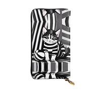 Wzywhj Mode Femmes Cuir Longue Pochette Portefeuille Pochette Portefeuille Multiples Compartiments Fermeture Éclair Design Noir et Blanc Rayé Chaton Imprimés, Noir , Taille unique