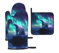 WZYWHJ Northern Lights Ensemble de 3 gants de cuisine épais et longs gants de cuisine Motif ours polaire
