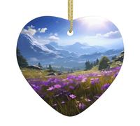 WZYWHJ Pendentif de Noël en céramique en forme de cœur à suspendre pour arbre de Noël, fleurs violettes, prairie, montagne, paysages