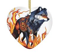 WZYWHJ Pendentif de Noël en céramique en forme de cœur à suspendre pour sapin de Noël, décoration de festival, loup couvert de feu