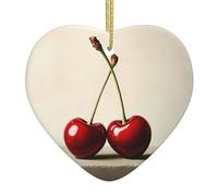 WZYWHJ Pendentif de Noël en céramique en forme de cœur à suspendre pour sapin de Noël, décoration de festival, image de cerise rouge