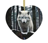 WZYWHJ Pendentif de Noël en céramique en forme de cœur à suspendre pour sapin de Noël - Ornements de festival - Imprimé loup solitaire