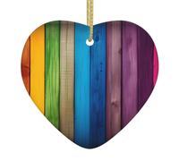WZYWHJ Pendentif de Noël en céramique en forme de cœur pour arbre à suspendre Décorations de festival Ornements de fond en bois de couleur arc-en-ciel