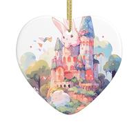WZYWHJ Pendentif de Noël en céramique en forme de cœur pour décoration de festival et cadeau souvenir Motif lapin sur le château