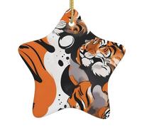 WZYWHJ Pendentif de Noël en céramique en forme d'étoile à suspendre pour festival, décorations de fête, cadeaux de fêtes de fin d'année, impression tigre à l'encre
