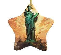 WZYWHJ Pendentif de Noël en céramique en forme d'étoile à suspendre pour festival, ornements, cordes, cadeaux de fête, statue de la Liberté imprimée