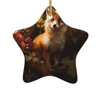 WZYWHJ Pendentif de Noël en céramique en forme d'étoile à suspendre pour festival, ornements, cordes, cadeaux de fête de vacances, petit renard cueillant des raisins, impression