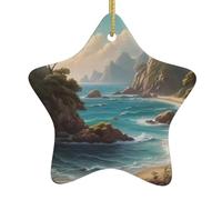 WZYWHJ Pendentif de Noël en céramique en forme d'étoile à suspendre pour festival, ornements, cordes, cadeaux de fête de vacances, côte tranquille imprimée