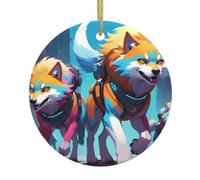WZYWHJ Pendentif rond de Noël en céramique - 7,4 cm - Décoration d'arbre à suspendre pour fête de vacances - Cyber Wolf Pack Prints