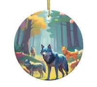 WZYWHJ Pendentif rond de Noël en céramique - 7,4 cm - Décoration d'arbre à suspendre pour fête de vacances - Motif loups pixels
